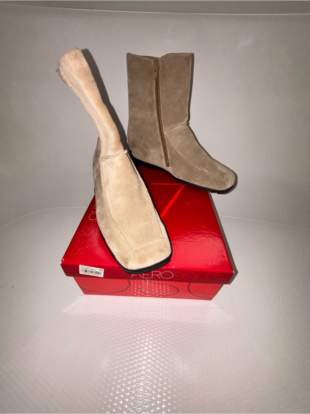 AEROSOLES Taupe Suede Mid-Calf Zip Boots